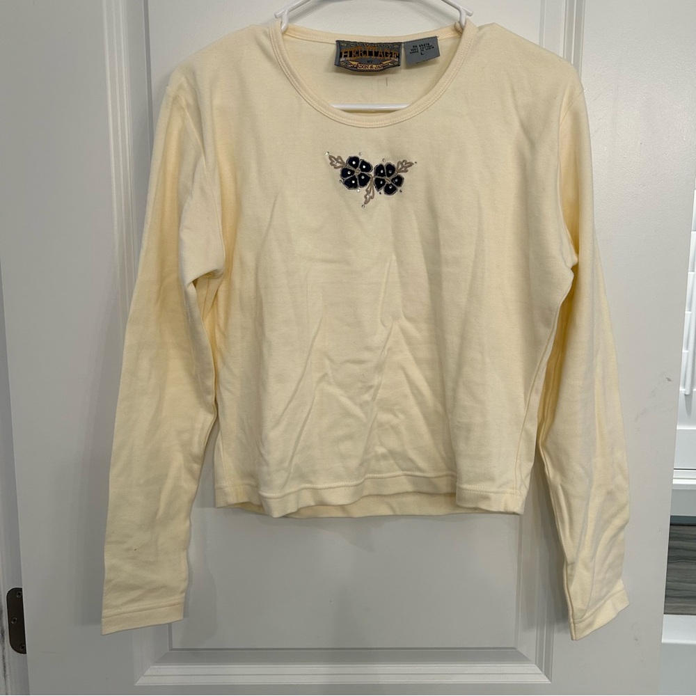 90’s Cream Floral Embroidered Long Sleeve Baby Tee 100% Cotton